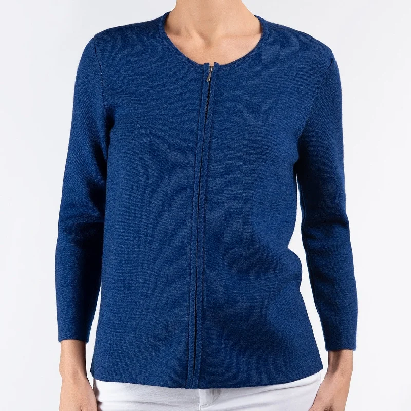 Take Advantage Round Neck Zip Cardigan in Sapphire