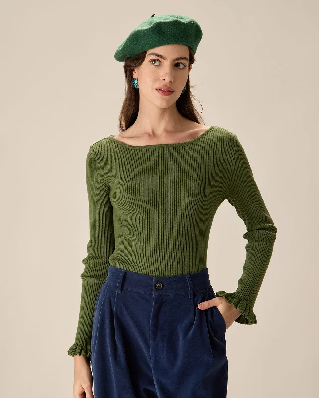 Weekend Bargains to Indulge In Green Boat Neck Ruffle Slim Tee