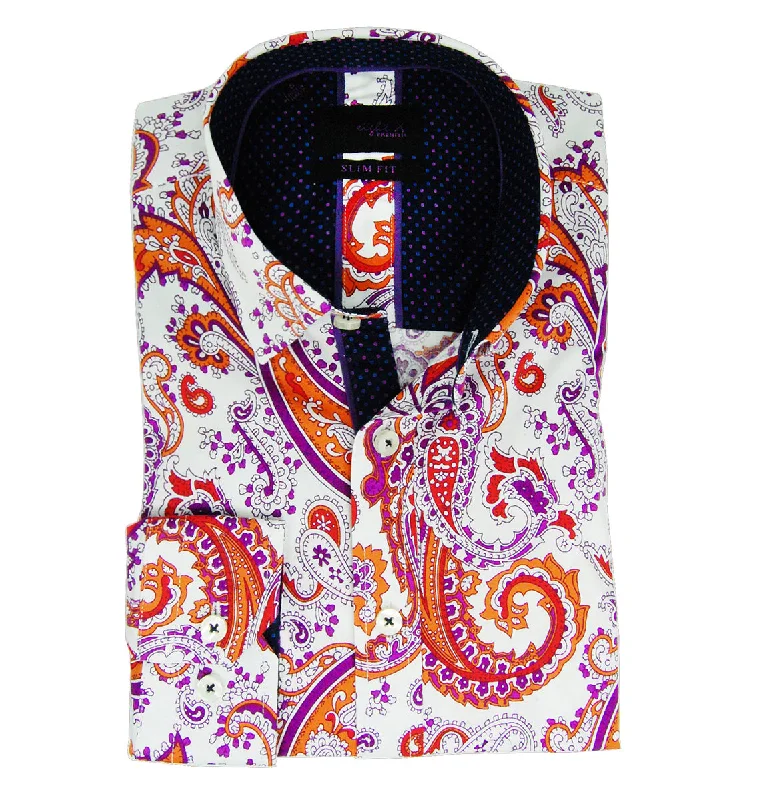 Slim Fit Paisley Cotton Shirt in Purple, Blue and Orange