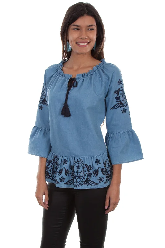 Referral Discount Scully Womens Denim Cotton Blend Peplum S/S Blouse