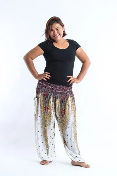 Weekend Bargains Await You Plus Size Unisex Peacock Feathers Harem Pants in White