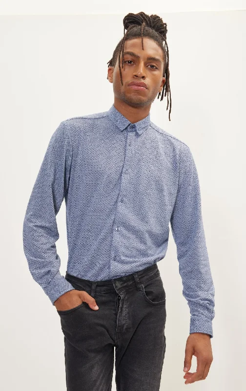 Pure Cotton Knit Travel Shirt - Navy White Jacquard