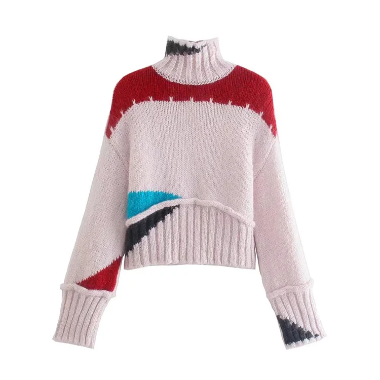 Weekend Savings Spectacular Color blocking design half high neck sweater retro lazy sweater 7420 Weekend Savings Spectacular Color blocking design half high neck sweater retro lazy sweater 7420