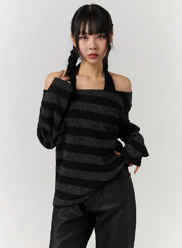 Limited Time Offer Off-Shoulder Stripe Long Sleeve Top CJ405
