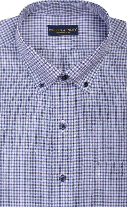 Tailored Fit Blue / Dark Grey Check Button-Down Collar Supima® Non-Iron Cotton Broadcloth Sport Shirt