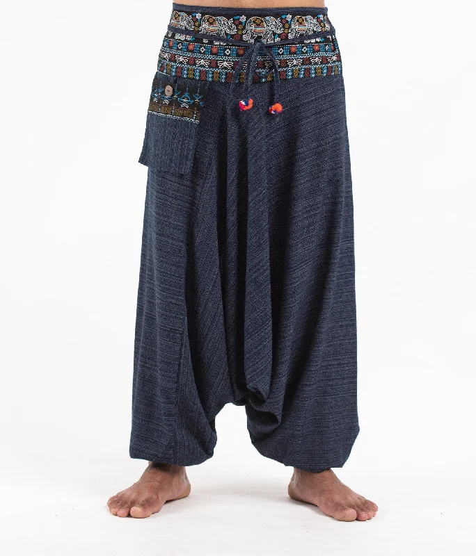 Shop the Weekend Away Unisex Pinstripe Harem Pants with Elephant Trim in Navy