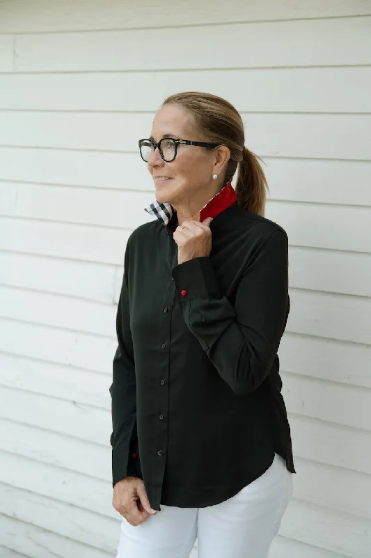 Best Bargains Alison Satin Shirt - Black w Black Check and Solid Red Silk Collar (SLK01)