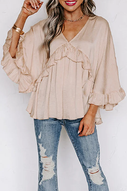 Instant Savings V Neck Draped Batwing Sleeve Ruffle Top