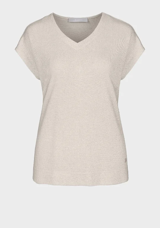 Hurry Up Bianca V-Neck Shimmery Top, Beige