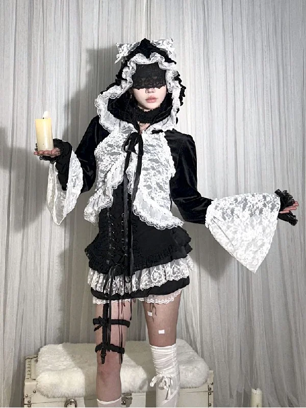 Deal Frenzy Lace Knit/Velvet Mini Cardigan [S0000010343]
