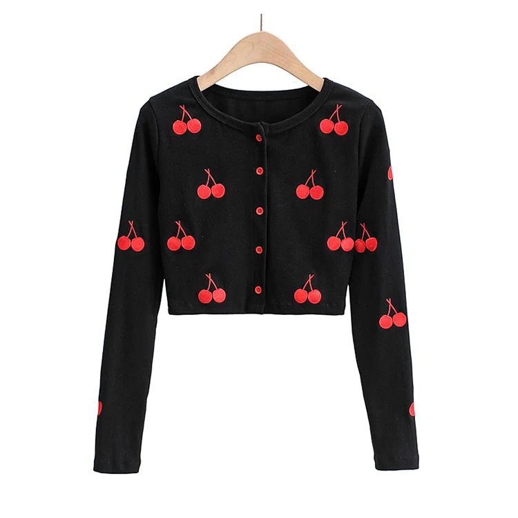 Weekend Offers That Sizzle French Vintage Cherry embroidered single breasted short sweater 7426 Weekend Offers That Sizzle French Vintage Cherry embroidered single breasted short sweater 7426