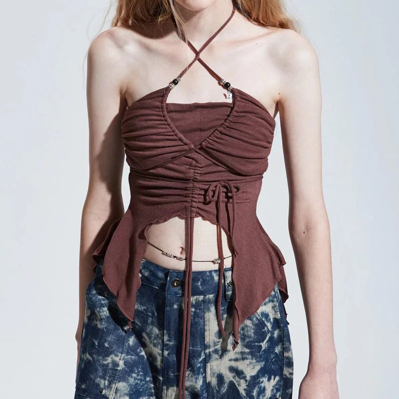 Weekend Offers That Tempt Drawstring Halter Irregular Solid Color Sexy Sling Navel Tube Tops Wholesale Women Clothing