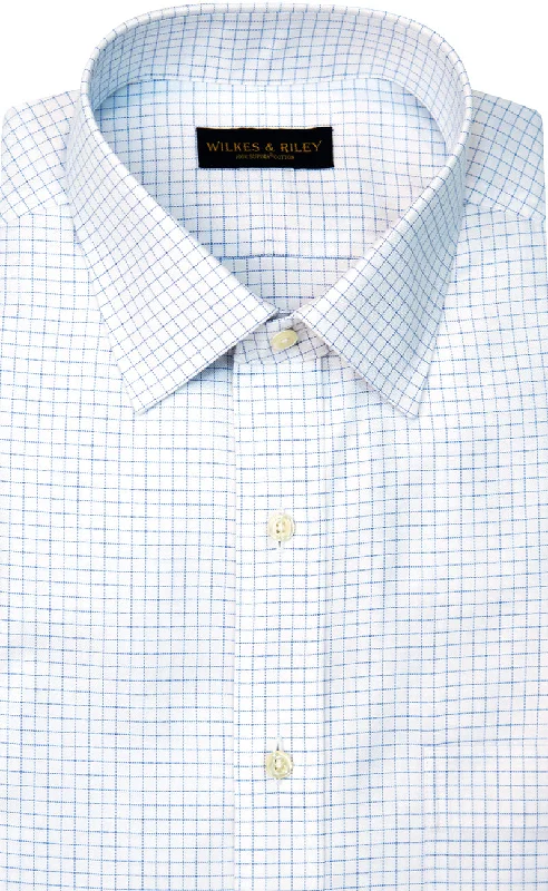 Slim Fit White Ground Blue twill Check Spread Collar Supima® Cotton Non-Iron Dress Shirt