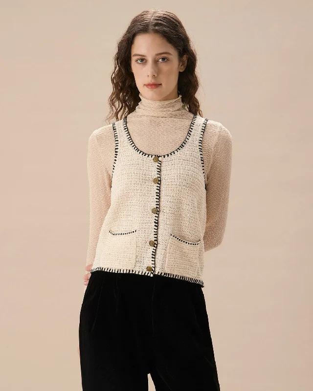 Super Sale Women's Beige Contrasting U-Neck Pocket Knit Tank