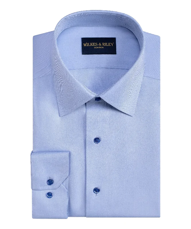 Tailored Fit Blue Spread Collar Non-Iron Herringbone Dress Shirt