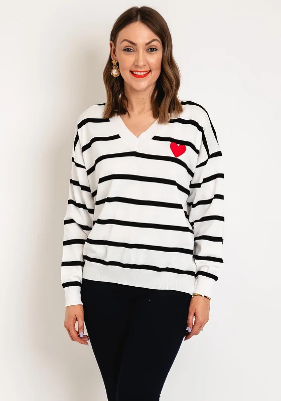 Final Clearance Serafina Collection One Size Heart Motif Striped Sweater, White