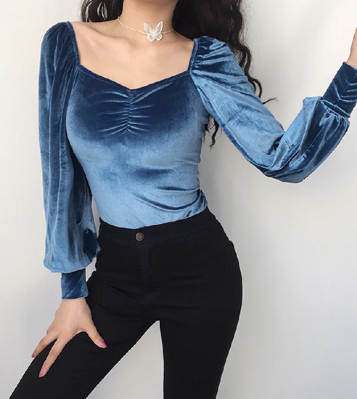 Big Savings Romantic back tie one-piece top long sleeve velvet tops  387