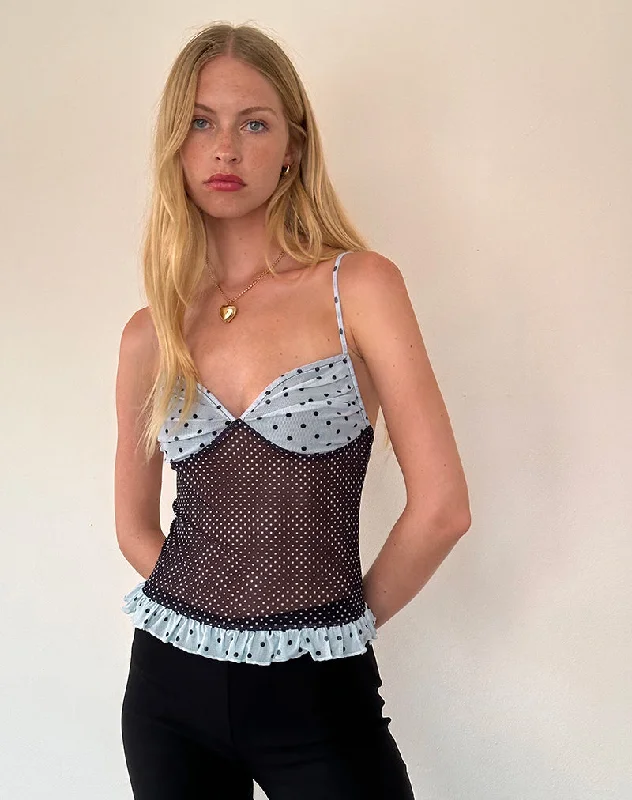 Price Break Zeina Cami Top in Blue Black Basic Polka