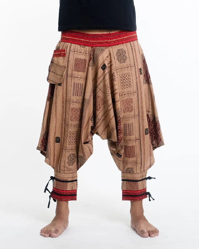 Price Drop Thai Hill Tribe Fabric Drop Crotch Harem Pants with Ankle Straps in Beige