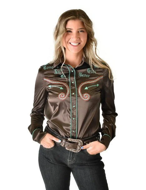 The Best Prices Cowgirl Tuff Womens White Satin Western Brown Nylon L/S Shirt