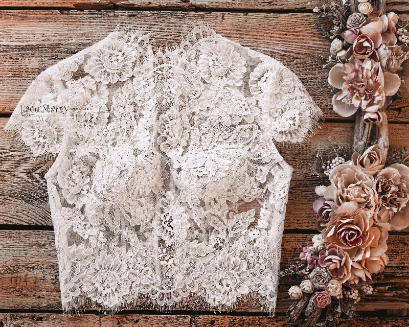 Special Savings Custom Bridal Lace Top with Cap Sleeves and High Collar