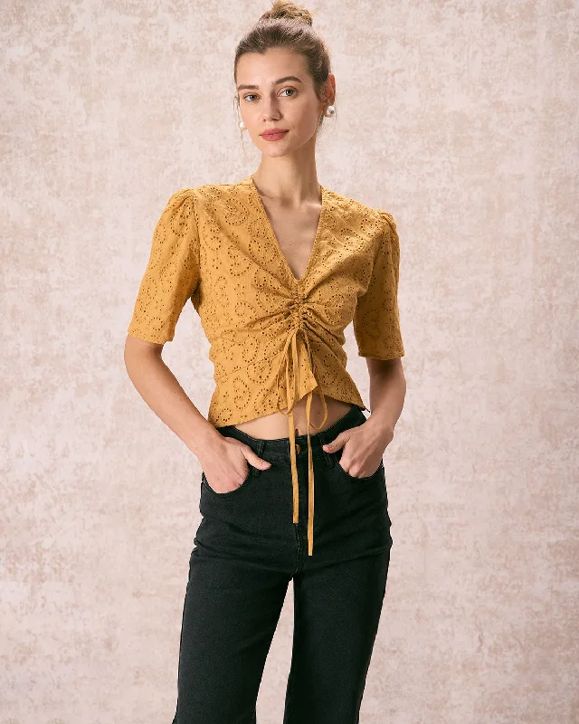 Buy More, Save More The Yellow V Neck Embroidery Tie Front Tee