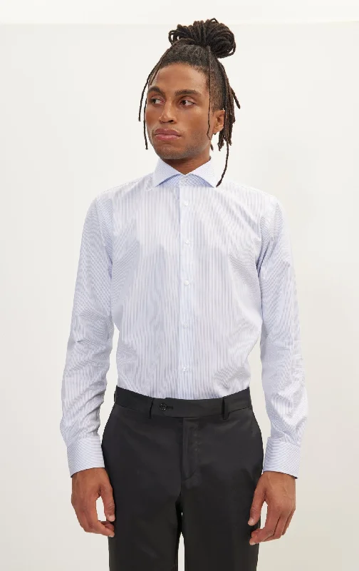 Pure Cotton French Placket Spread Collar Dress Shirt - White Dark Blue Striped