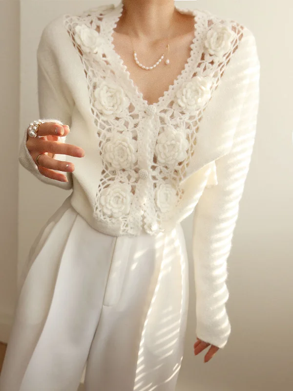 New Markdowns Knit Floral Crocheted Trendy Hollow V-neck Cardigan