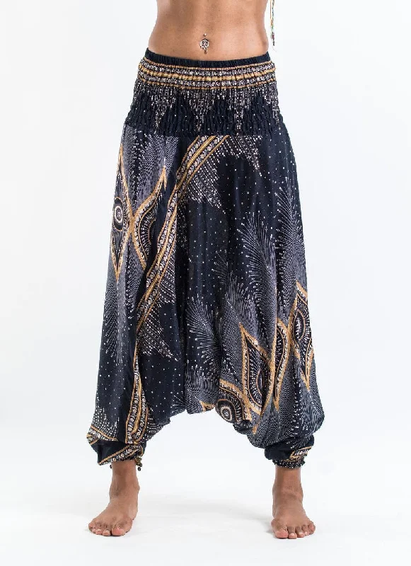 Weekend Bargains to Indulge In Unisex Diamond Peacock Drop Crotch Jumpsuit Harem Pants in Black