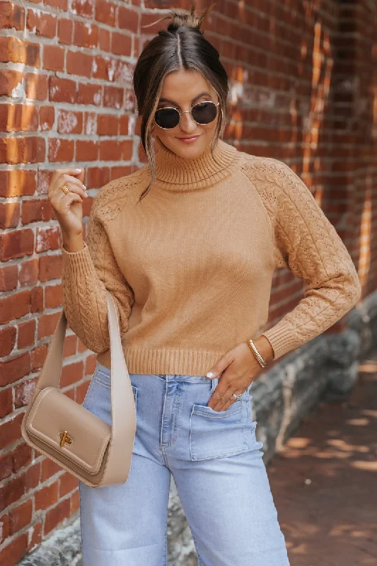 Weekend Bargains to Snag Camel Cable Knit Sleeve Turtleneck Sweater - DOORBUSTER