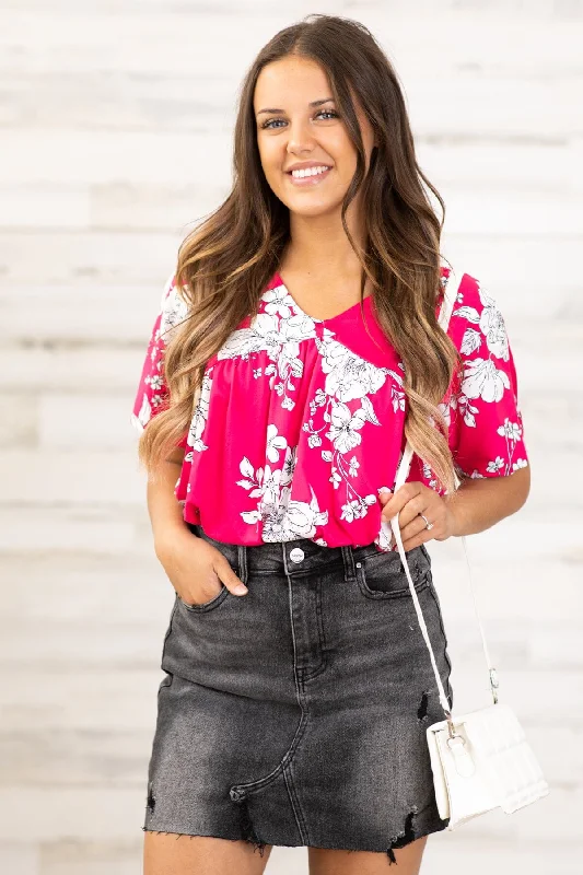 Year-End Sale Hot Pink and White Floral Print V-Neck Top