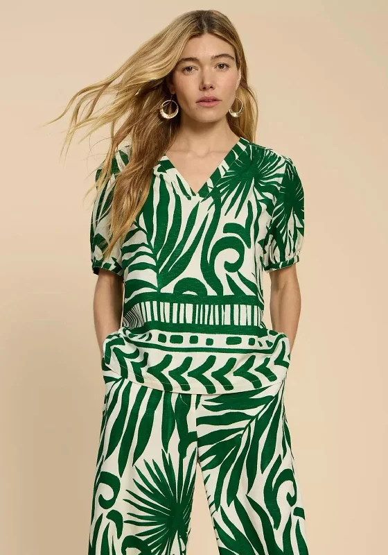 Limited Supply White Stuff Elisa Eco Vero Leaf Print Top, Green