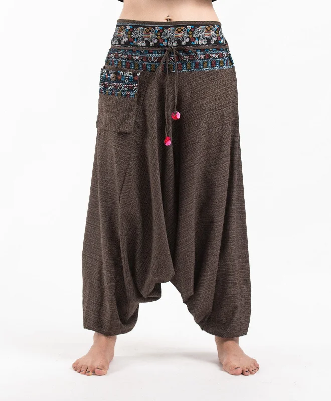 Make Your Weekend Count with Savings Unisex Pinstripe Harem Pants with Elephant Trim in Brown
