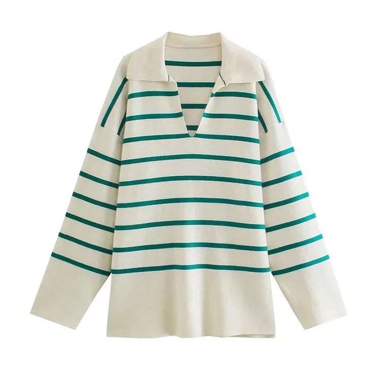 Weekend Savings Spree New loose Lapel stripe long sleeve sweater  7437