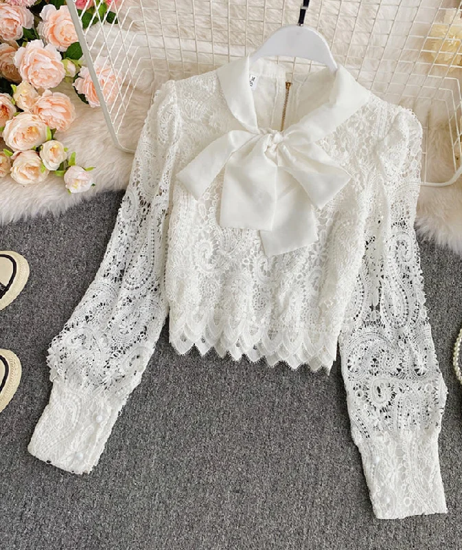 Low Cost White hollow lace top  380