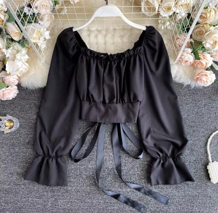 Cash Savings Black/White Cute Long Sleeve lace up-Back Top 335