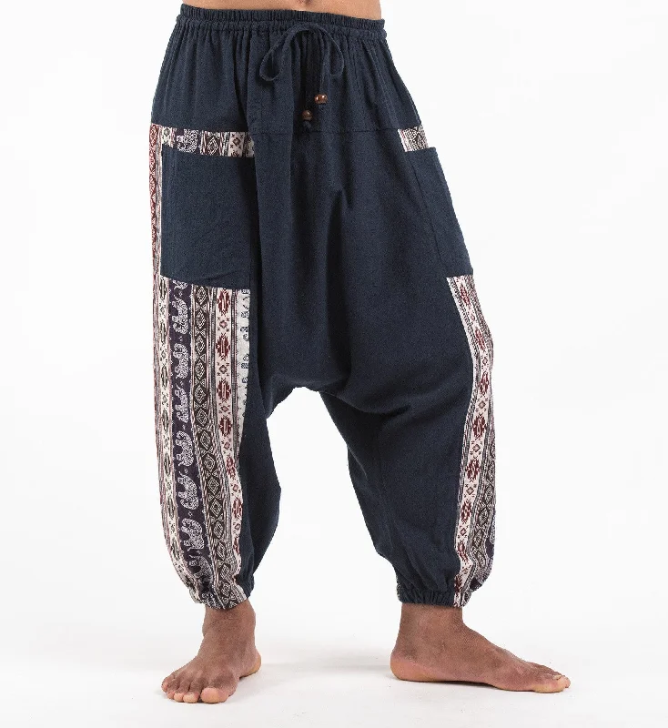 Online Exclusive Unisex Elephant Aztec Cotton Harem Pants in Navy