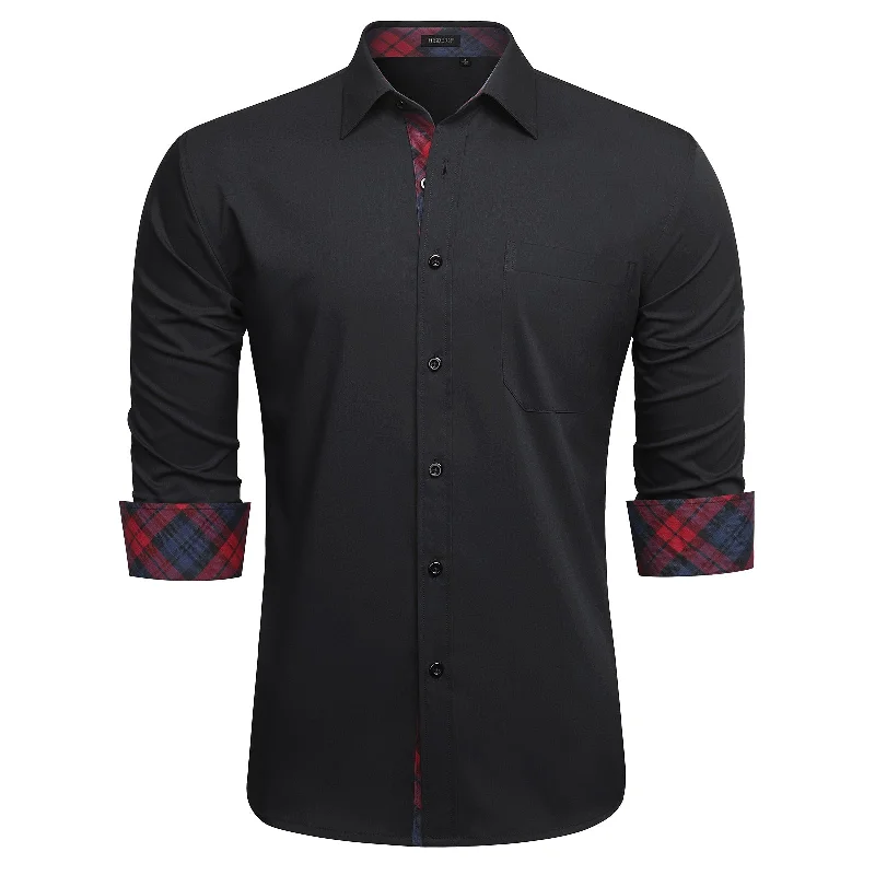 Men's Patchwork Dress Shirt Long Sleeve Button Down Casual Shirt - 04-BLACK/RED