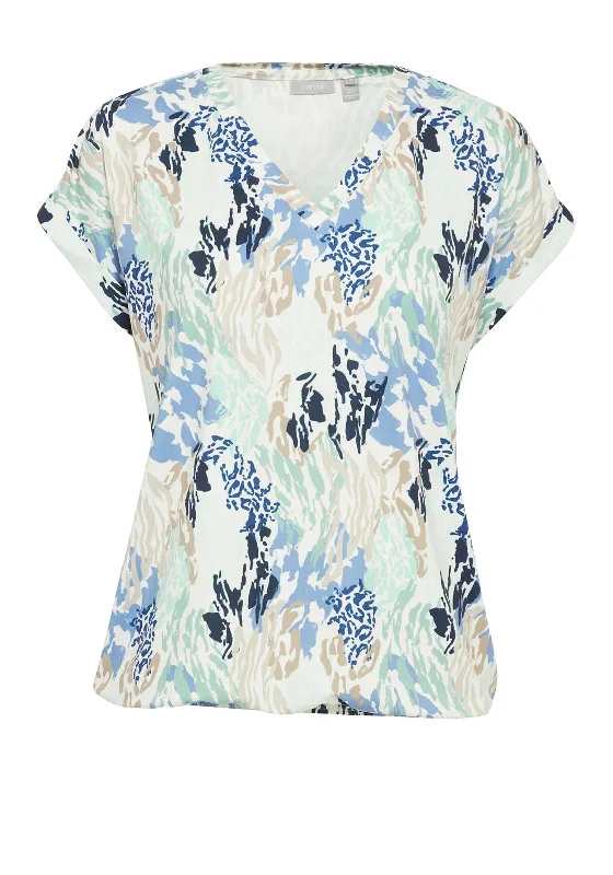 Flash Sale Fransa Seen Wave V Neck T-Shirt, Blue Multi