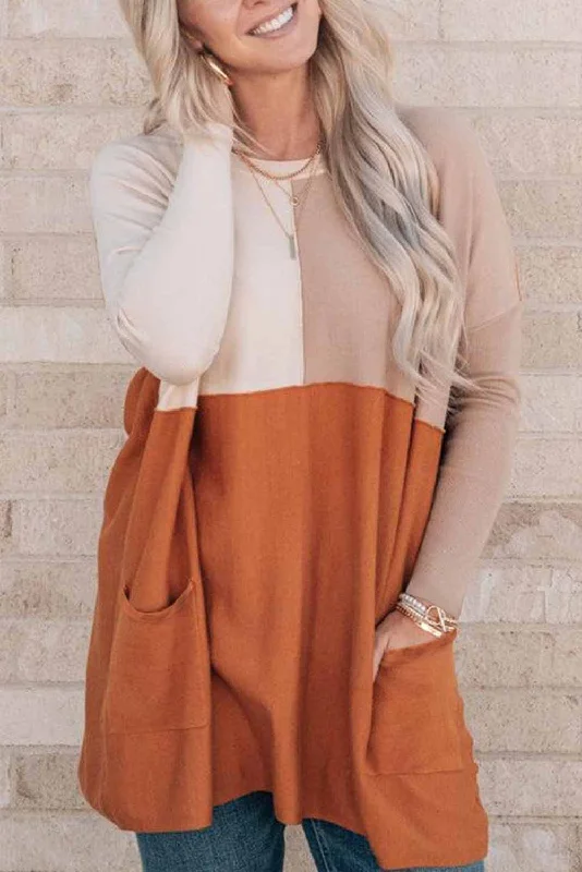 Unbeatable Deal Orange Colorblock Casual Seam Pocket Loose Top