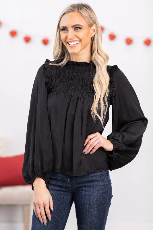 Huge Savings Black Smocked Yoke Balloon Sleeve