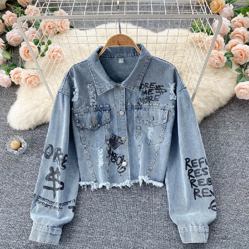 Shop and Save Denim Jacket Women's pierced burr jacket  1520