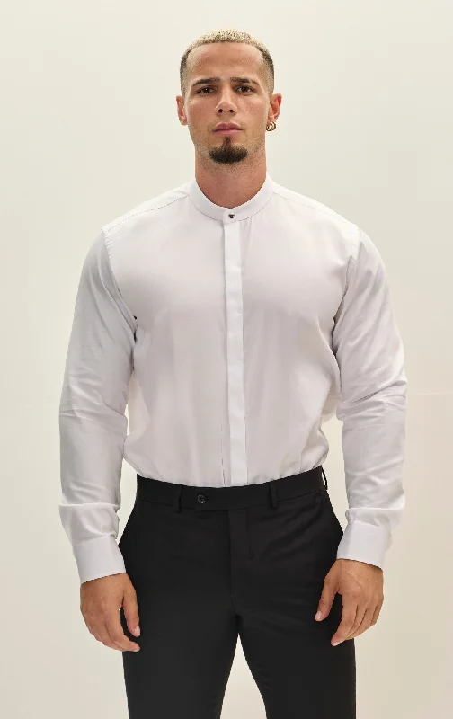 Pure Cotton Band Collar Dress Shirt  - White