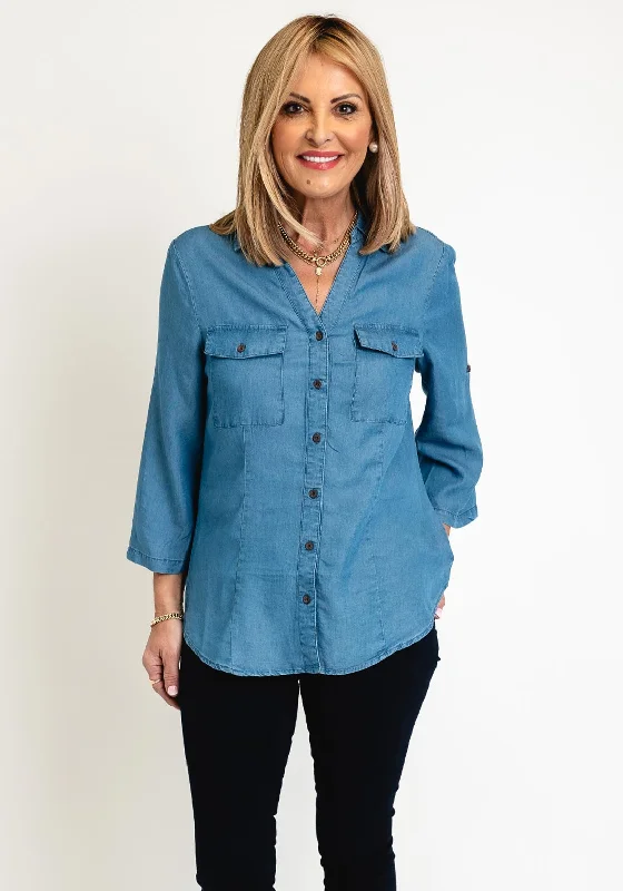 Reduced Price FREEQUENT Three Quarter Sleeve Denim Shirt, Mid Blue