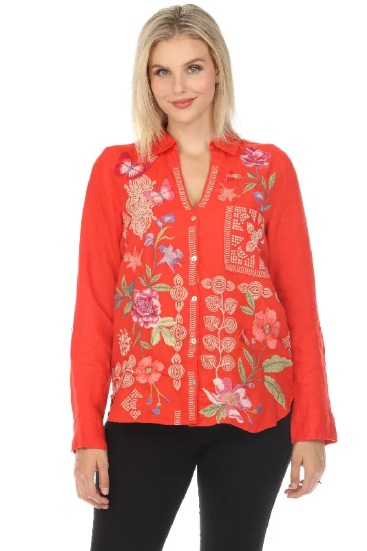 Sneak Peek Sale Johnny Was JWLA Red Dacie Relaxed Linen Shirt Boho Chic J16524