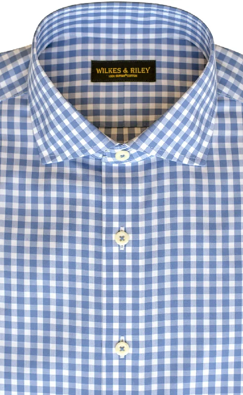 Slim Fit Blue Gingham English Spread Collar Supima® Cotton Non-Iron Broadcloth Dress Shirt