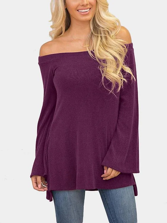 Markdown Madness Custom Off The Shoulder Plain Slit Long Sleeve Purple T-Shirts
