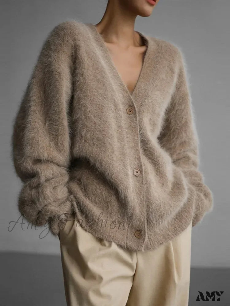 Savings Alert Knitted Thick Cashmere Wool Chic V Neck Single Breasted Long Sleeve Sweater