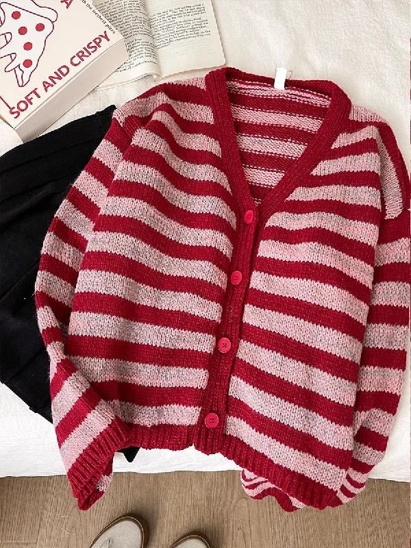 Pay Less Sweet V-neck striped sweater coat long-sleeved knitted cardigan   S4769