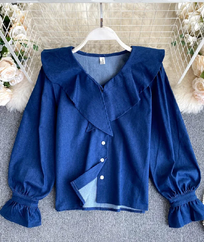 Fantastic Savings Sweet denim long-sleeved top cute blue lapel top  382